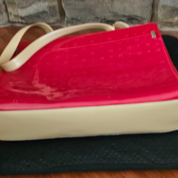 Arcadia Red Logo Embossed Leather Tan Trim Double Handle Tote Bag - Picture 6 of 7